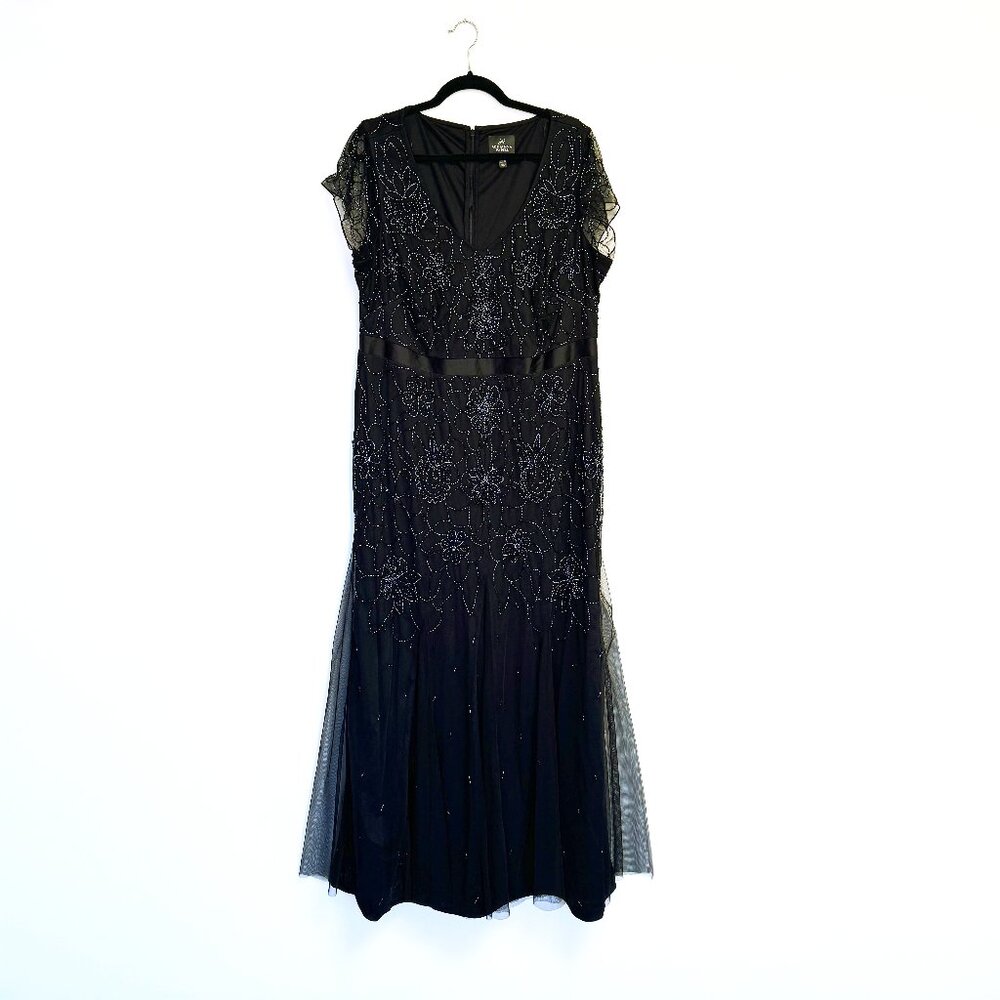 Adrianna Papell Plus Black Beaded Floral Dress Sz. 16